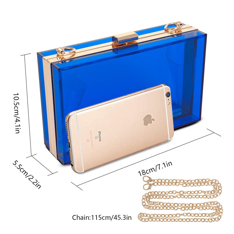 WJCD Women Clear Purse Acrylic Box Clutch Handbag, Small Transparent Crossbody Evening Bag Stadium Approved Gold Chain Strap (Royalblue) - Image 2